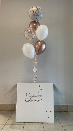 Balonowa niespodzianka Kraków 2. Pudełko z balonami na prezent 3. Balony wyskakujące z pudełka 4. Poczta balonowa Kraków cena 5. Prezent na urodziny z dostawą Kraków