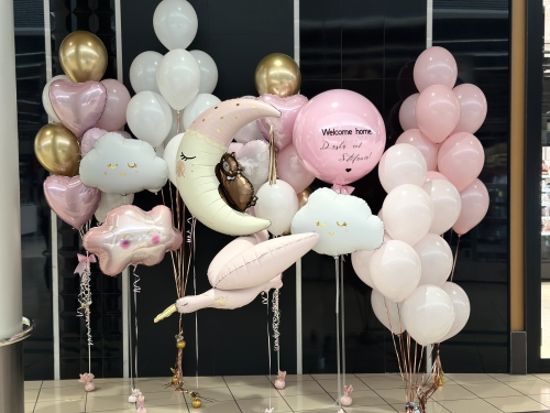 Zestaw balonów Premium na powitanie w domu dziewczynki , Double Bubble z personalizowanym napisem, Chmurka, Miś na Księżycu, Bocian