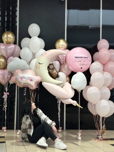 Zestaw balonów Premium na powitanie w domu dziewczynki , Double Bubble z personalizowanym napisem, Chmurka, Miś na Księżycu, Bocian