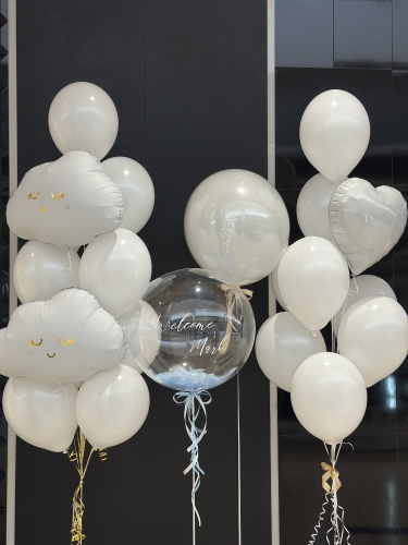 Zestaw balonów na powitanie w domu chłopczyka, Bubble z personalizowanym napisem, Chmurka