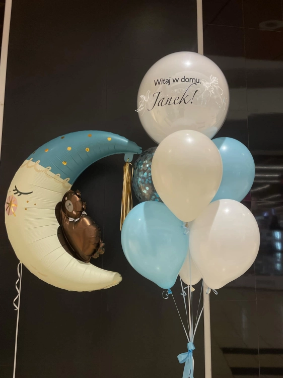 Zestaw balonów na powitanie w domu chłopczyka, Miś na księżycu, double bubble z personalizowanym napisem