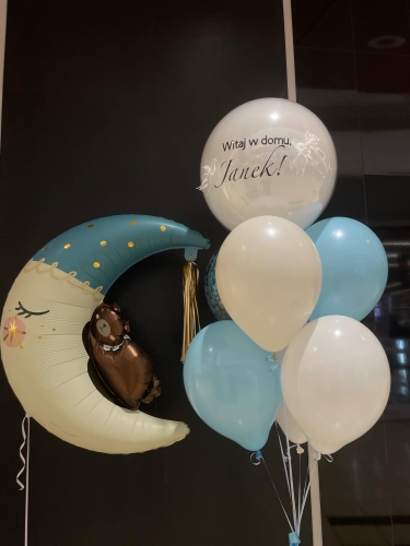 Zestaw balonów na powitanie w domu chłopczyka, Miś na księżycu, double bubble z personalizowanym napisem