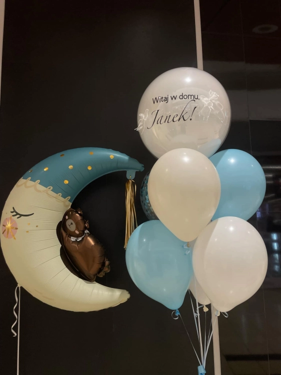 Zestaw balonów na powitanie w domu chłopczyka, Miś na księżycu, double bubble z personalizowanym napisem